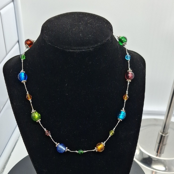 None Jewelry - Glass Multicolor Beaded Silvertone Necklace 16"+2"